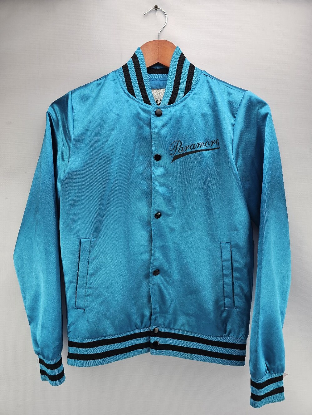 Paramore Vintage Teal Blue Satin Varsity Baseball Jacket Men's Size Small